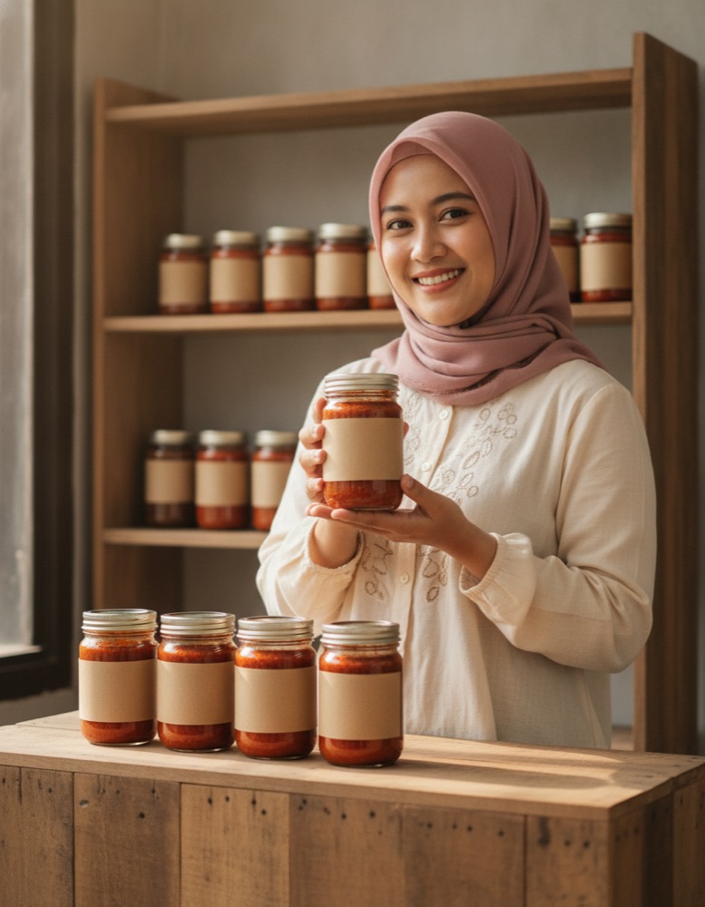 Penjual sambal tersenyum memegang toples sambal buatannya di lapaknya