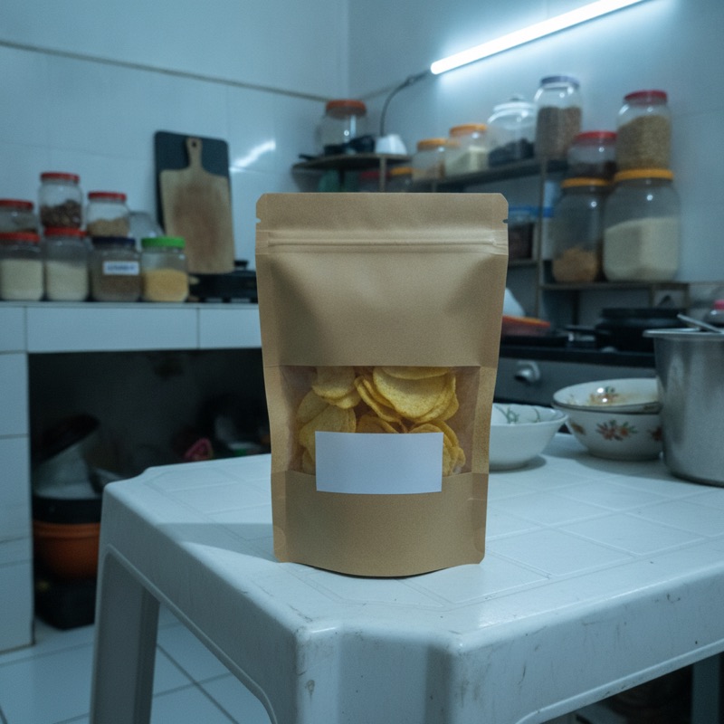 Kemasan keripik di meja dapur